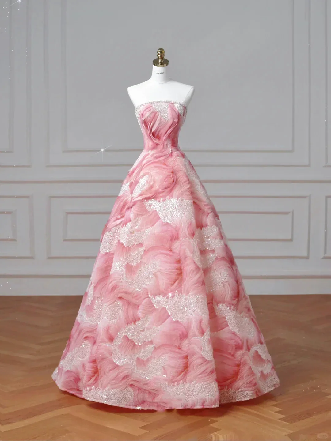 Dream Pink Strapless Satin Print Sequins Prom Dress Princess Birthday Ball Gown Y8604 - Image 7