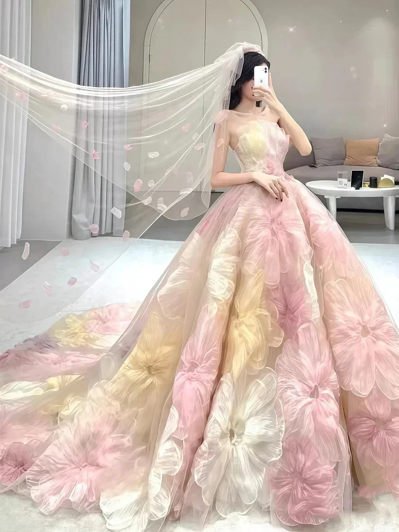 Dream Princess Floral Ball Gown, Strapless A-line Evening Prom Dress,Wedding Dress Y8289 - Image 4