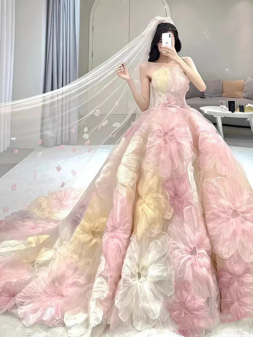 Dream Princess Floral Ball Gown, Strapless A-line Evening Prom Dress,Wedding Dress Y8289 - Image 5