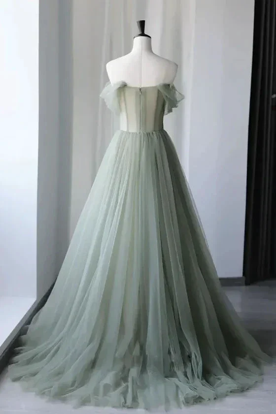 Drusilla | Princess Off the Shoulder Embroidering Tulle Sage Ball Gown - Image 2