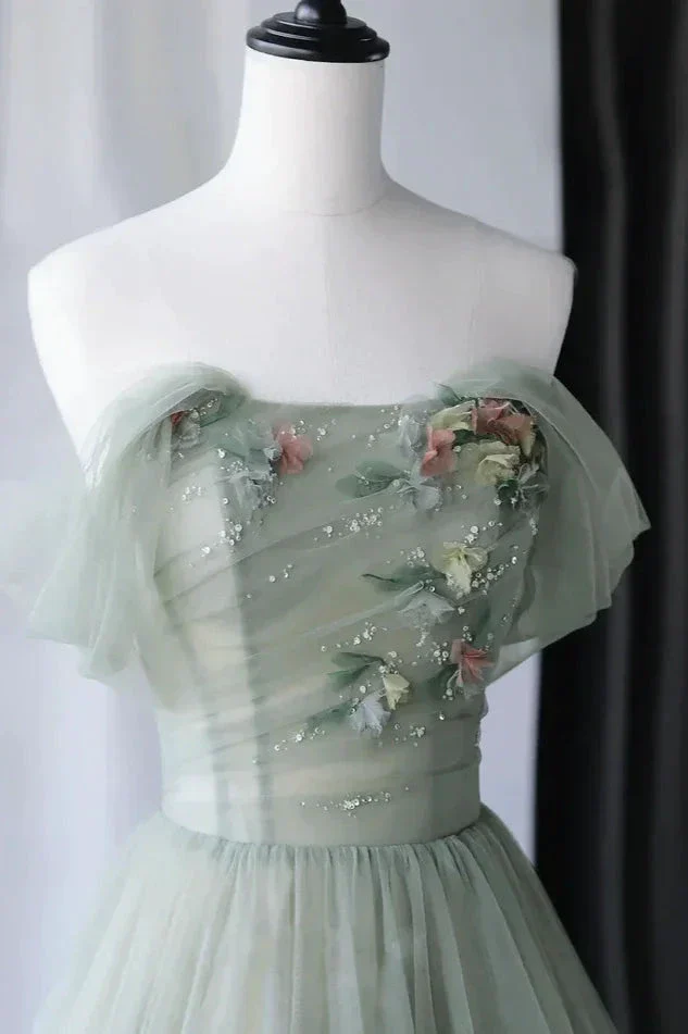 Drusilla | Princess Off the Shoulder Embroidering Tulle Sage Ball Gown - Image 3