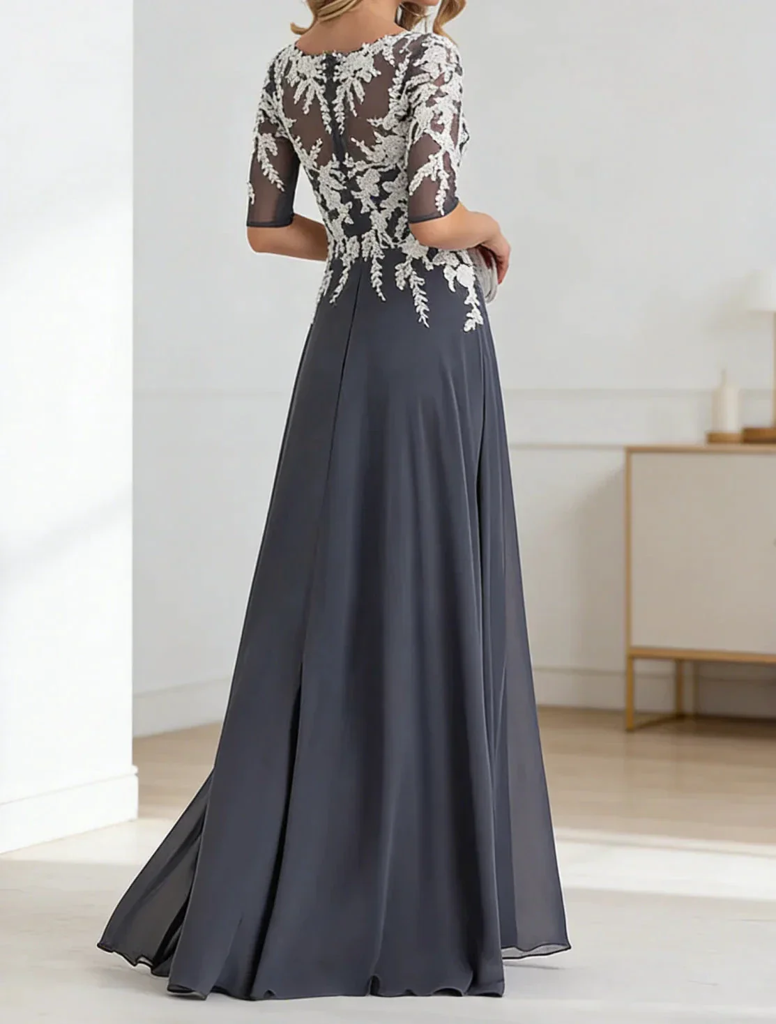 Dusty Blue Chiffon Gown With Lace Bodice - Image 2