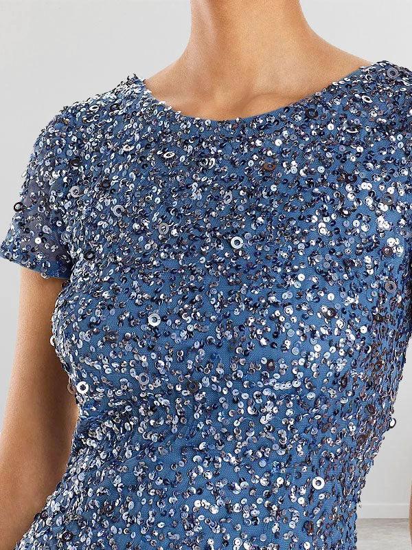 Dusty Blue Sequins Sheath Scoop Long Mother of the Bride Dress - Image 3