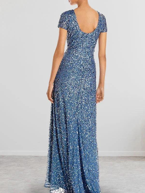 Dusty Blue Sequins Sheath Scoop Long Mother of the Bride Dress - Image 4