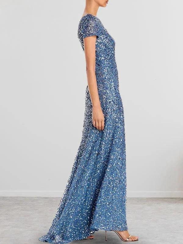Dusty Blue Sequins Sheath Scoop Long Mother of the Bride Dress - Image 6