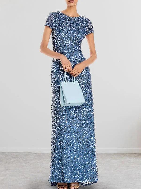 Dusty Blue Sequins Sheath Scoop Long Mother of the Bride Dress - Image 9