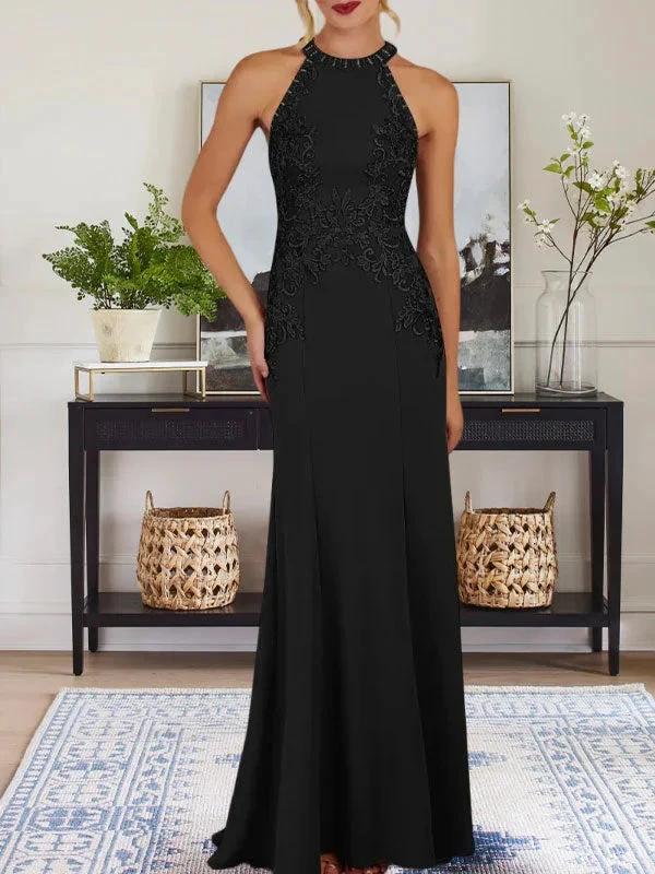 Dusty Blue Sheath Halter Long Mother of Bride Dress With Appliques - Image 10