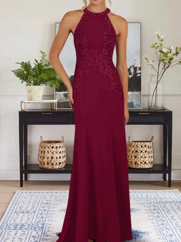Dusty Blue Sheath Halter Long Mother of Bride Dress With Appliques - Image 11