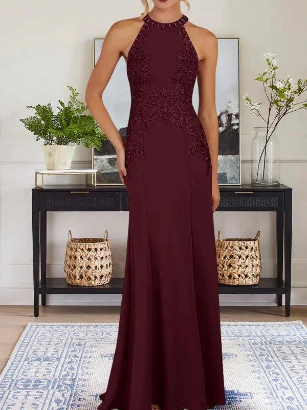 Dusty Blue Sheath Halter Long Mother of Bride Dress With Appliques - Image 12
