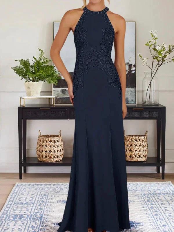 Dusty Blue Sheath Halter Long Mother of Bride Dress With Appliques - Image 13