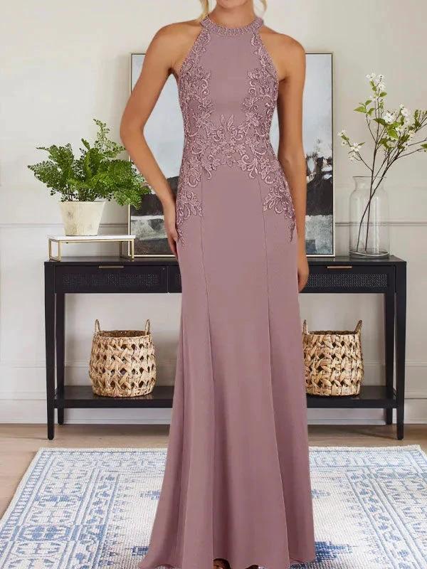 Dusty Blue Sheath Halter Long Mother of Bride Dress With Appliques - Image 14