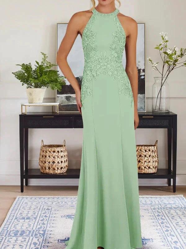 Dusty Blue Sheath Halter Long Mother of Bride Dress With Appliques - Image 15