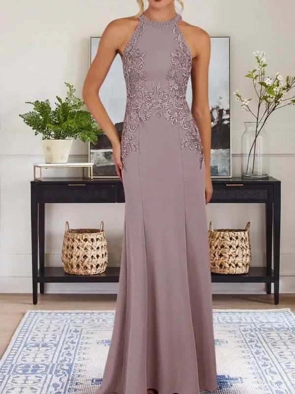 Dusty Blue Sheath Halter Long Mother of Bride Dress With Appliques - Image 17