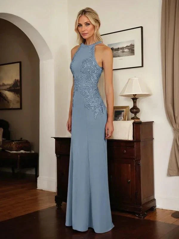 Dusty Blue Sheath Halter Long Mother of Bride Dress With Appliques - Image 2