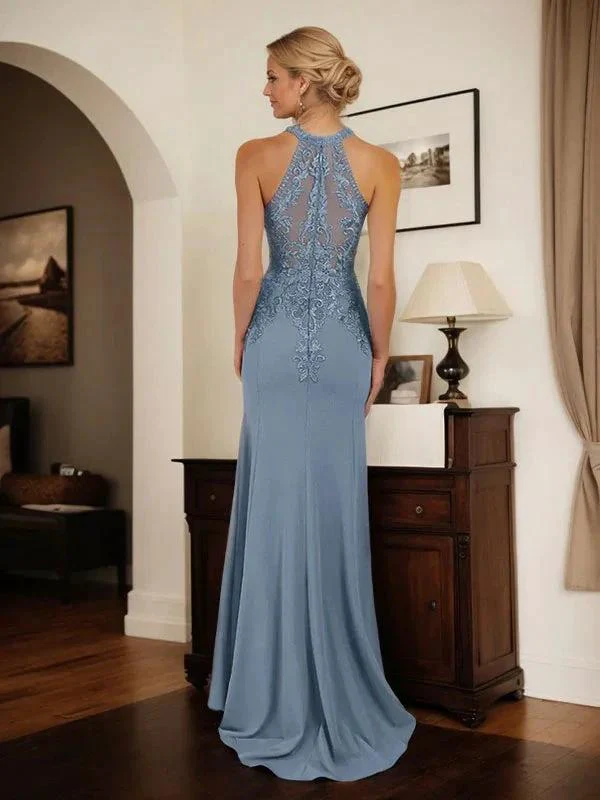 Dusty Blue Sheath Halter Long Mother of Bride Dress With Appliques - Image 3