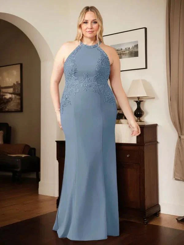 Dusty Blue Sheath Halter Long Mother of Bride Dress With Appliques - Image 7