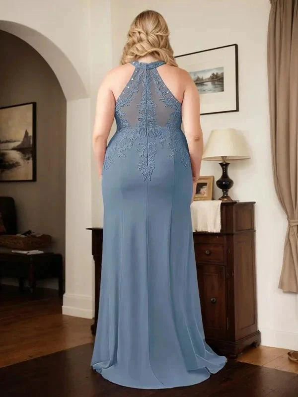 Dusty Blue Sheath Halter Long Mother of Bride Dress With Appliques - Image 8