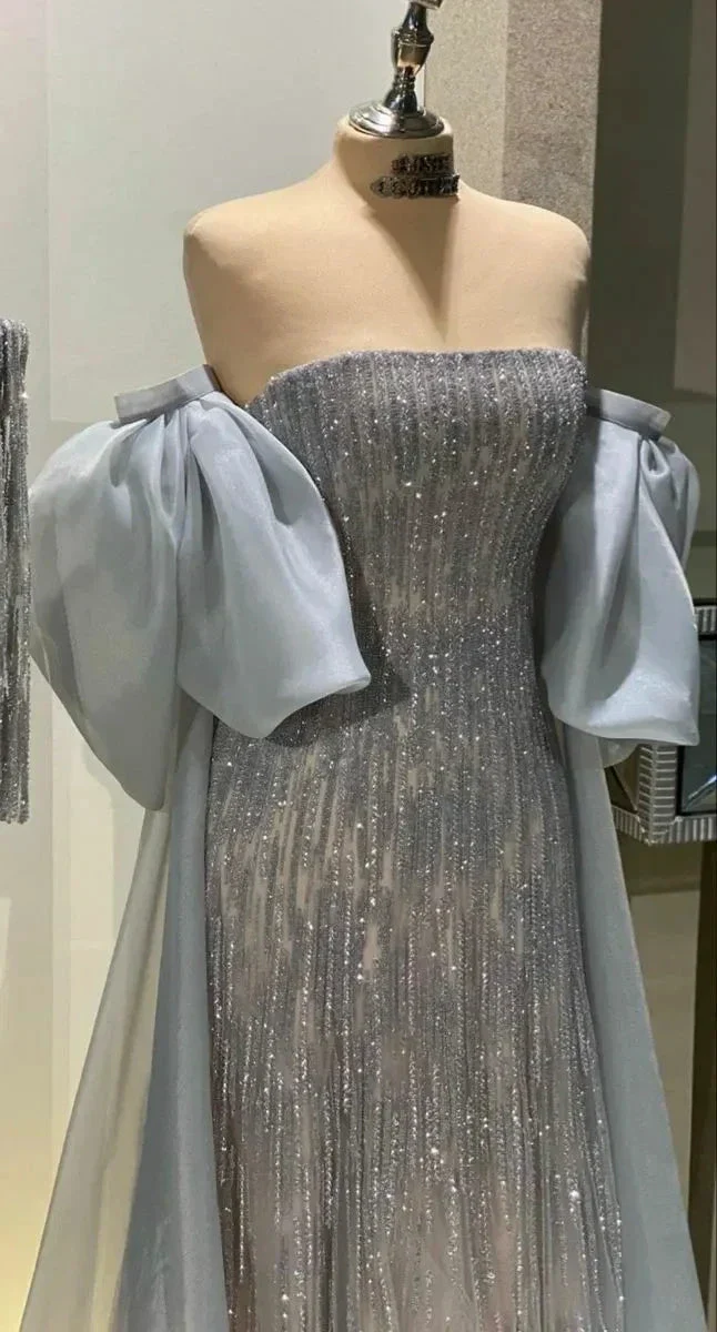 Dusty Blue Tulle Prom Dresses Strapless Floor Length Special Occasion Evening Dress Y4910 - Image 2