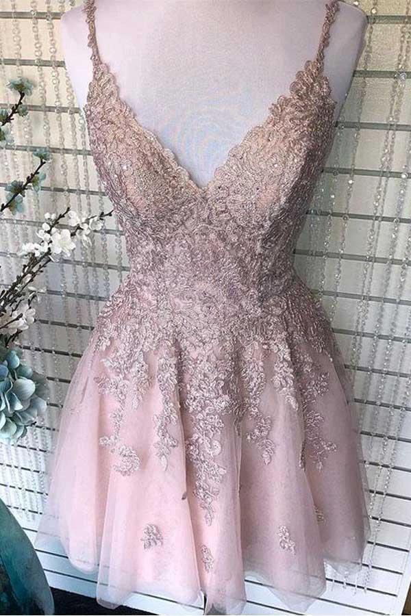 Dusty Blush Tulle Spaghetti Straps V-Neck A-Line Homecoming Dress PD359 - Image 2