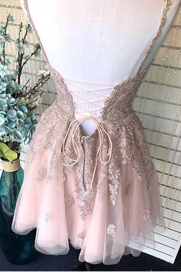 Dusty Blush Tulle Spaghetti Straps V-Neck A-Line Homecoming Dress PD359 - Image 3