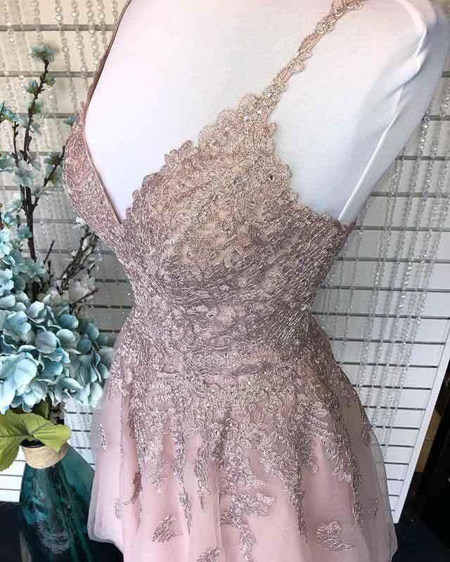 Dusty Blush Tulle Spaghetti Straps V-Neck A-Line Homecoming Dress PD359 - Image 4