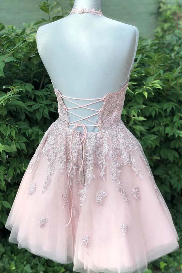 Dusty Blush Tulle Spaghetti Straps V-Neck A-Line Homecoming Dress PD359 - Image 5