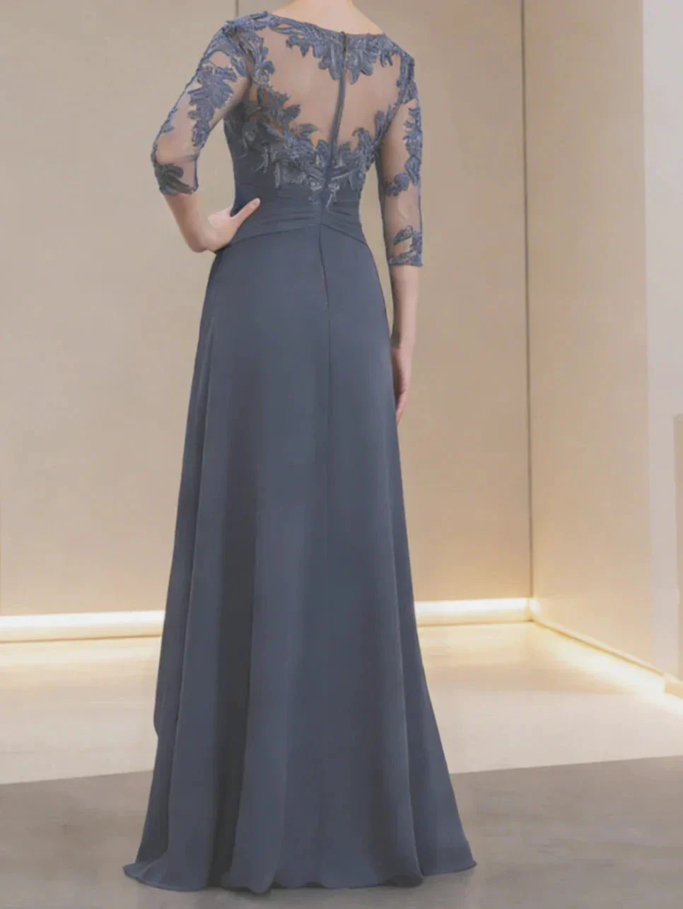 Dusty Gray Blue Lace Three Quarter Sleeve Evening Gown - Image 2