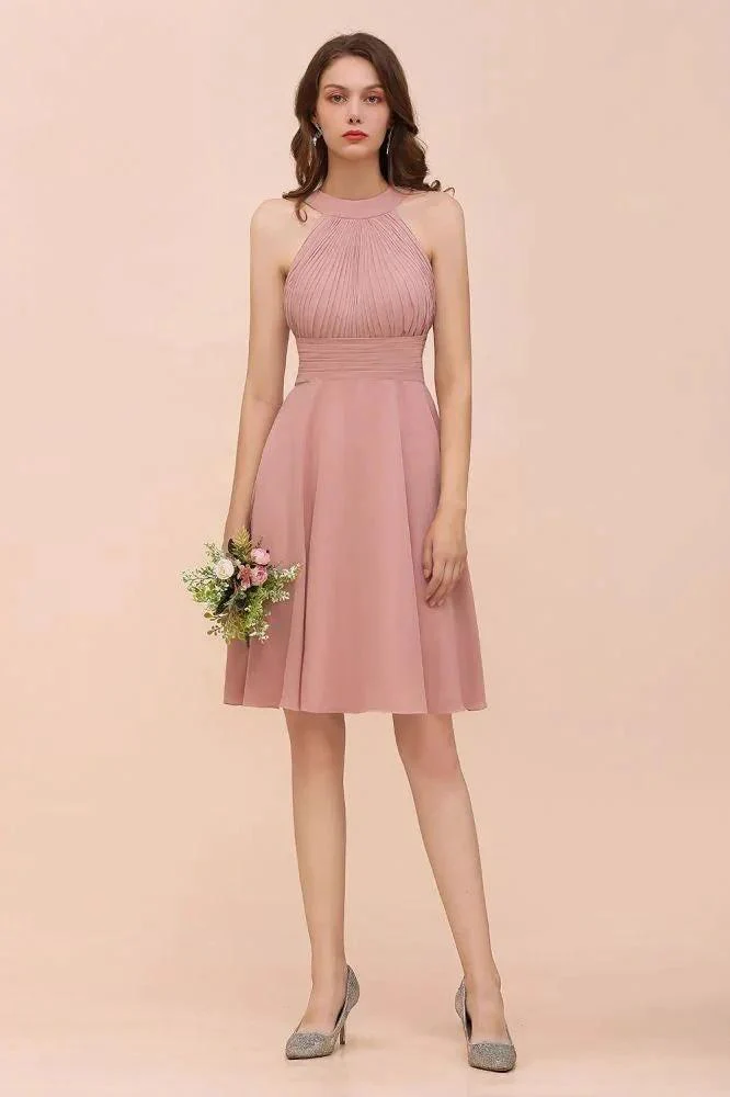 Dusty Pink Knee Length Bridesmaid Dress Halter Chiffon Maid of Honor Dress - Image 2