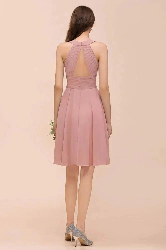 Dusty Pink Knee Length Bridesmaid Dress Halter Chiffon Maid of Honor Dress - Image 3