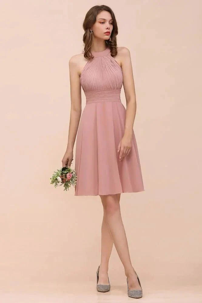Dusty Pink Knee Length Bridesmaid Dress Halter Chiffon Maid of Honor Dress - Image 4