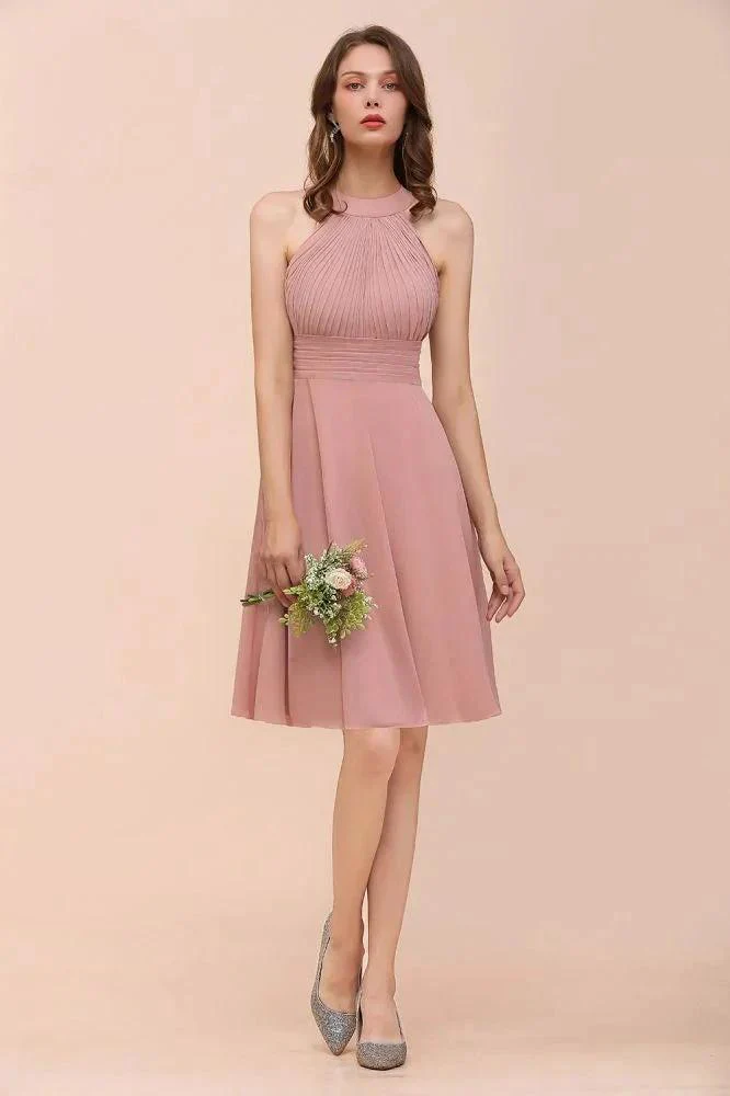 Dusty Pink Knee Length Bridesmaid Dress Halter Chiffon Maid of Honor Dress - Image 5