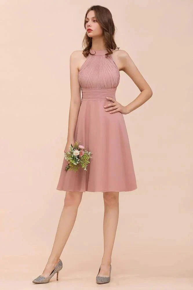 Dusty Pink Knee Length Bridesmaid Dress Halter Chiffon Maid of Honor Dress - Image 6