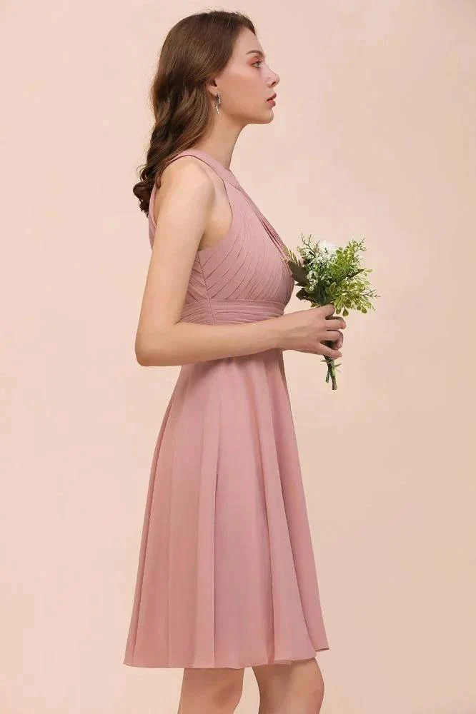 Dusty Pink Knee Length Bridesmaid Dress Halter Chiffon Maid of Honor Dress - Image 7