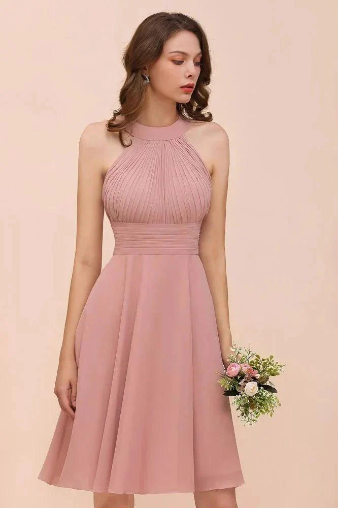 Dusty Pink Knee Length Bridesmaid Dress Halter Chiffon Maid of Honor Dress - Image 8