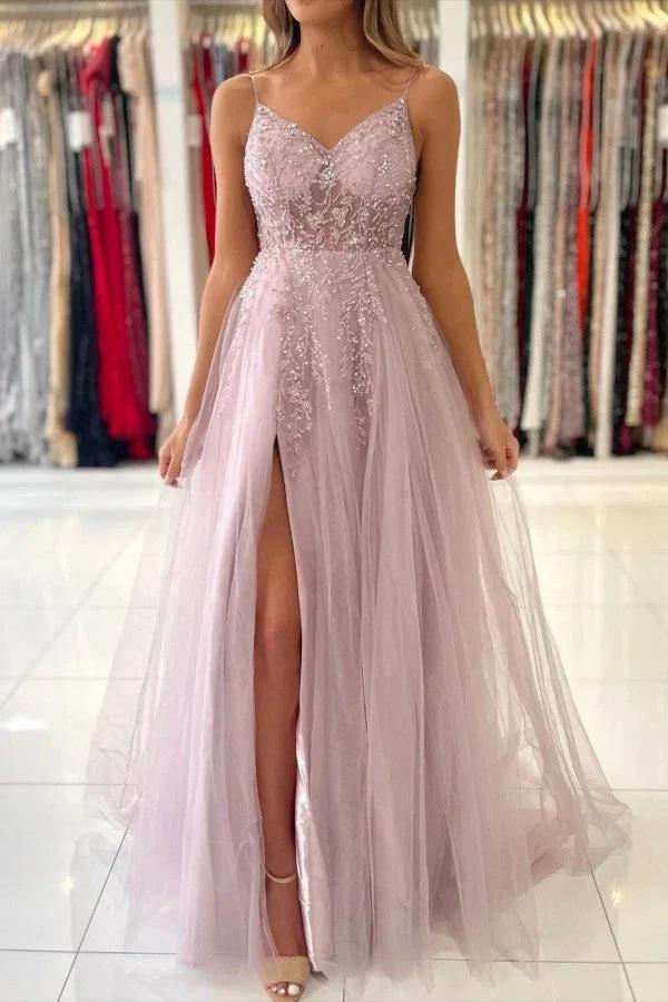 Dusty Pink Long A-line V-neck Tulle Glitter Prom Dress with Slit - Image 2