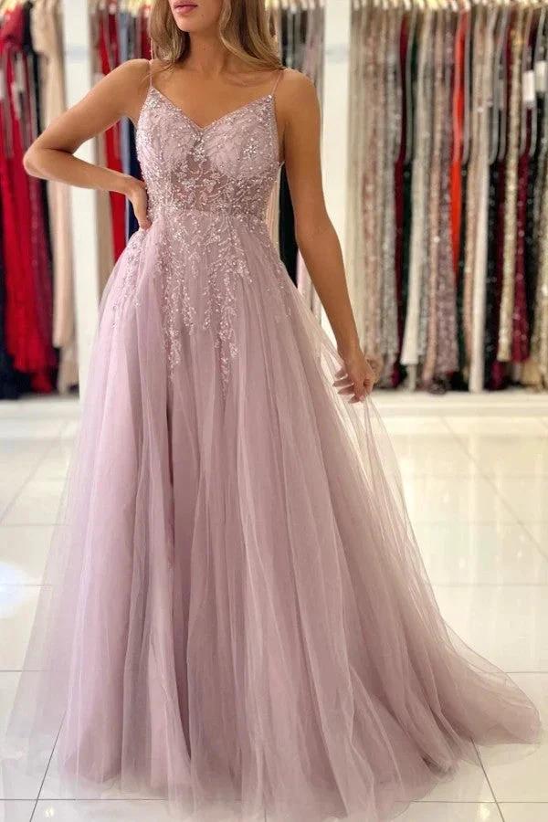 Dusty Pink Long A-line V-neck Tulle Glitter Prom Dress with Slit - Image 3