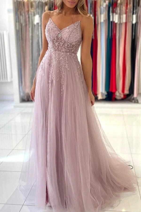 Dusty Pink Long A-line V-neck Tulle Glitter Prom Dress with Slit - Image 4
