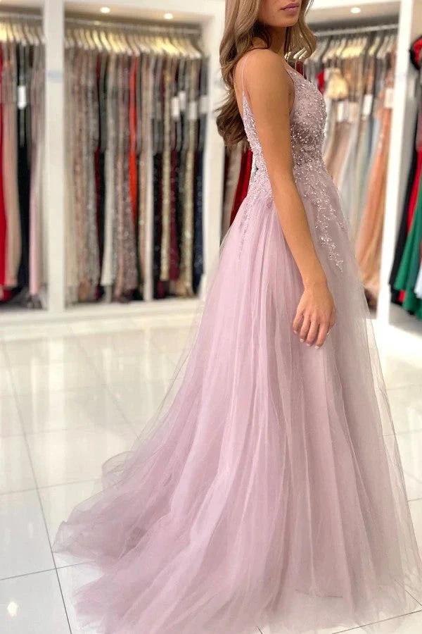 Dusty Pink Long A-line V-neck Tulle Glitter Prom Dress with Slit - Image 6