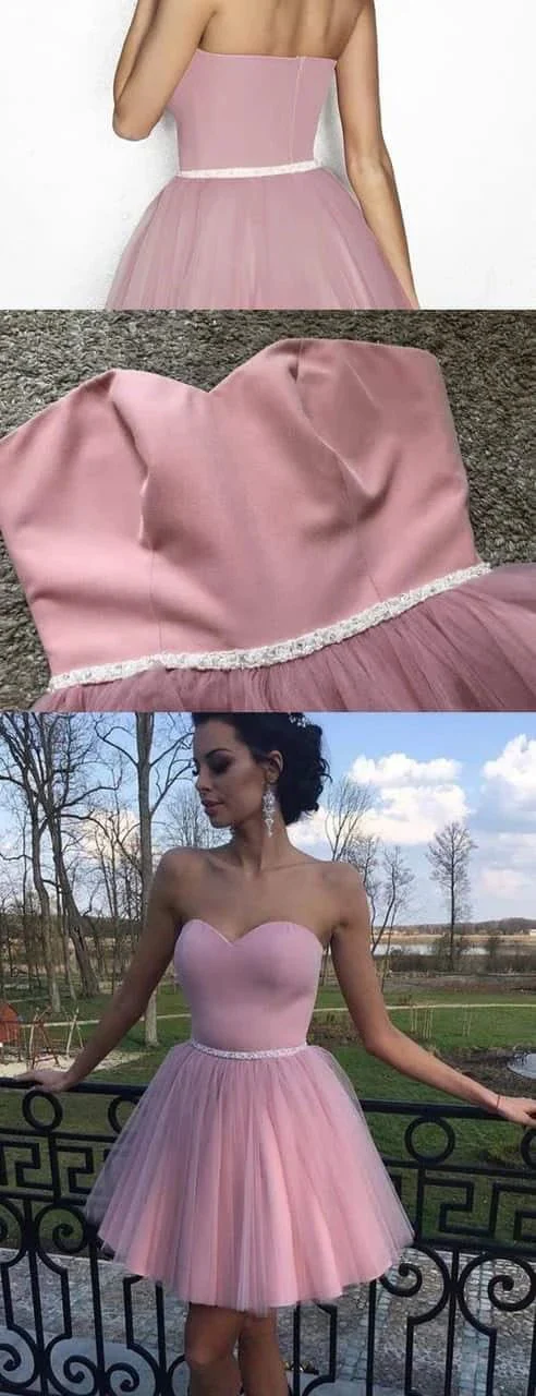 Dusty Pink Tulle Sweetheart Strapless With Beaded Sash Homecoming Dresses PD341 - Image 2