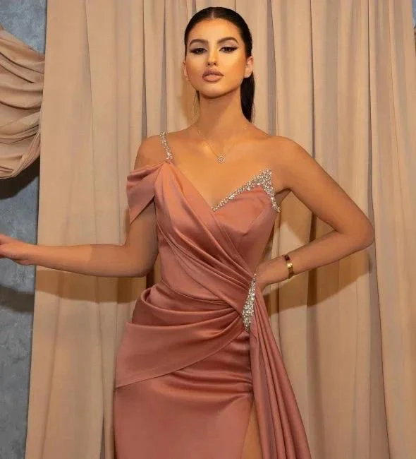 Dusty Rose One Shoulder Long Glitter Slit Mermaid Prom Dresses - Image 2