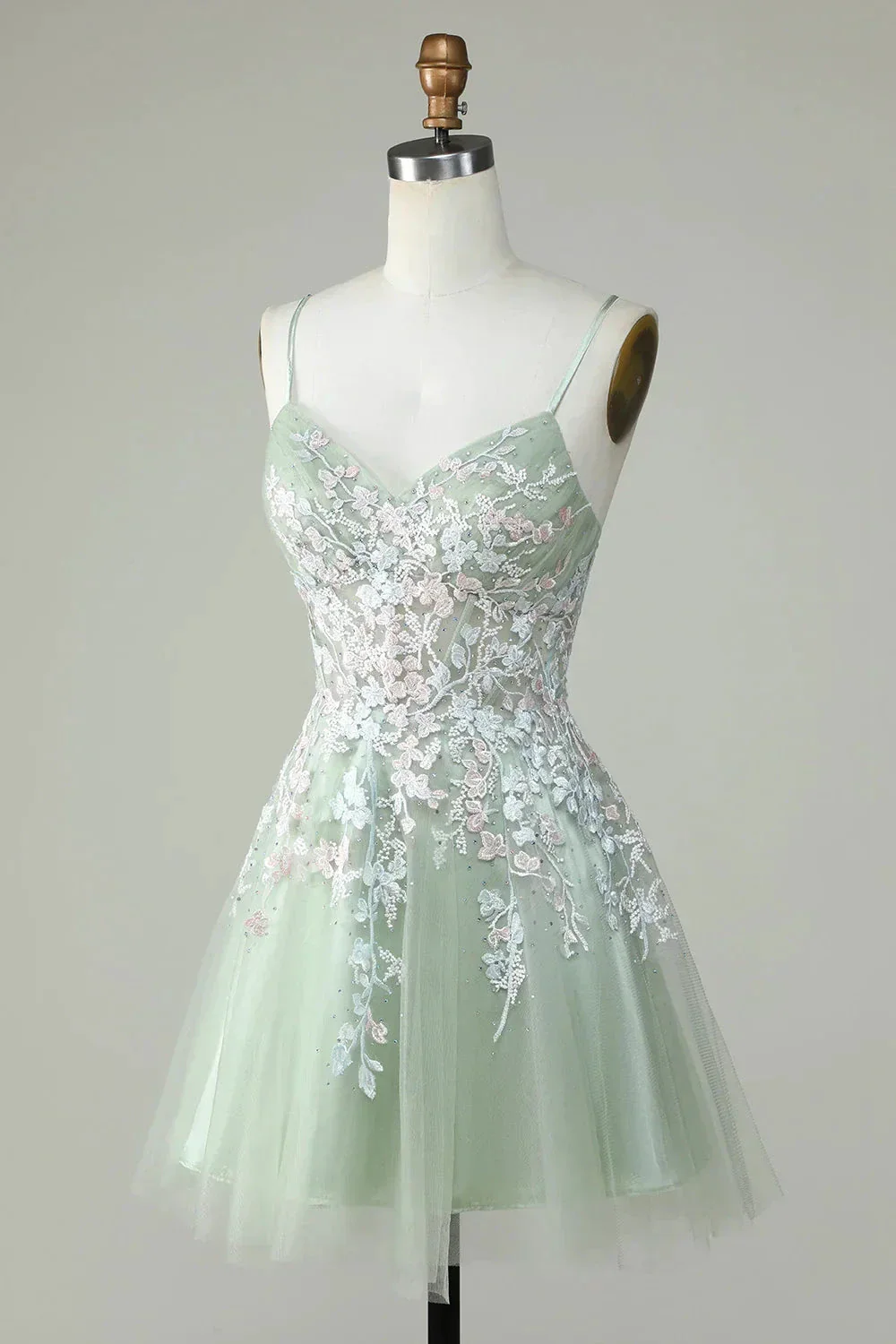 Dusty Sage Spaghetti Straps Homecoming Dress With Criss Cross Back Y2925 - Image 2