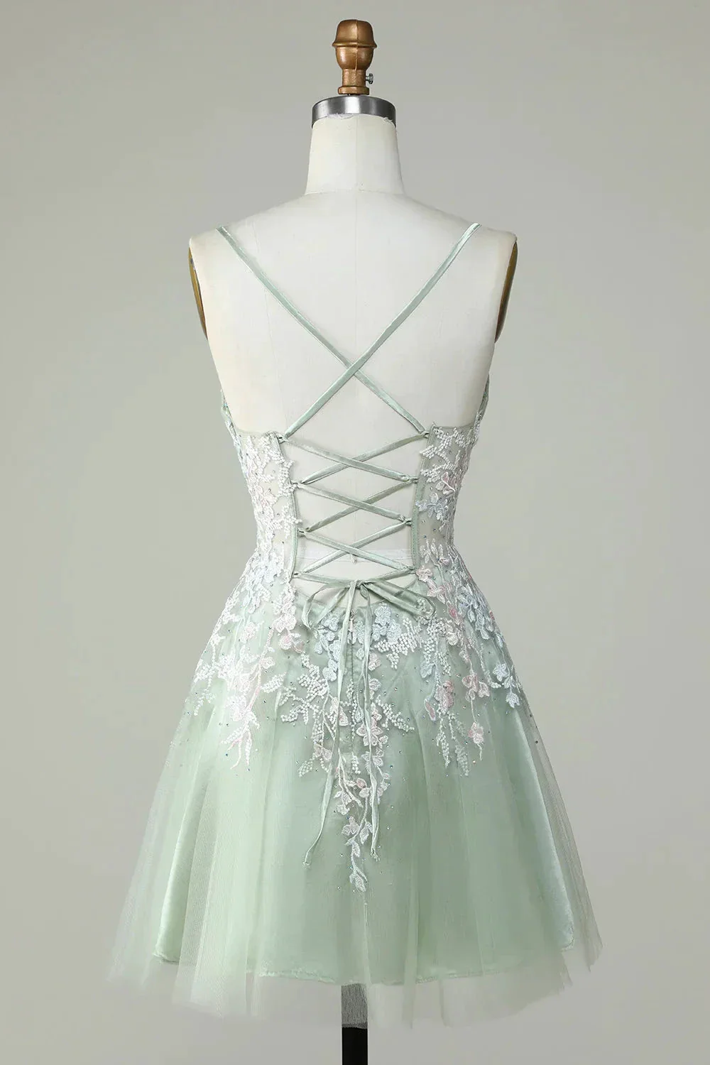 Dusty Sage Spaghetti Straps Homecoming Dress With Criss Cross Back Y2925 - Image 4