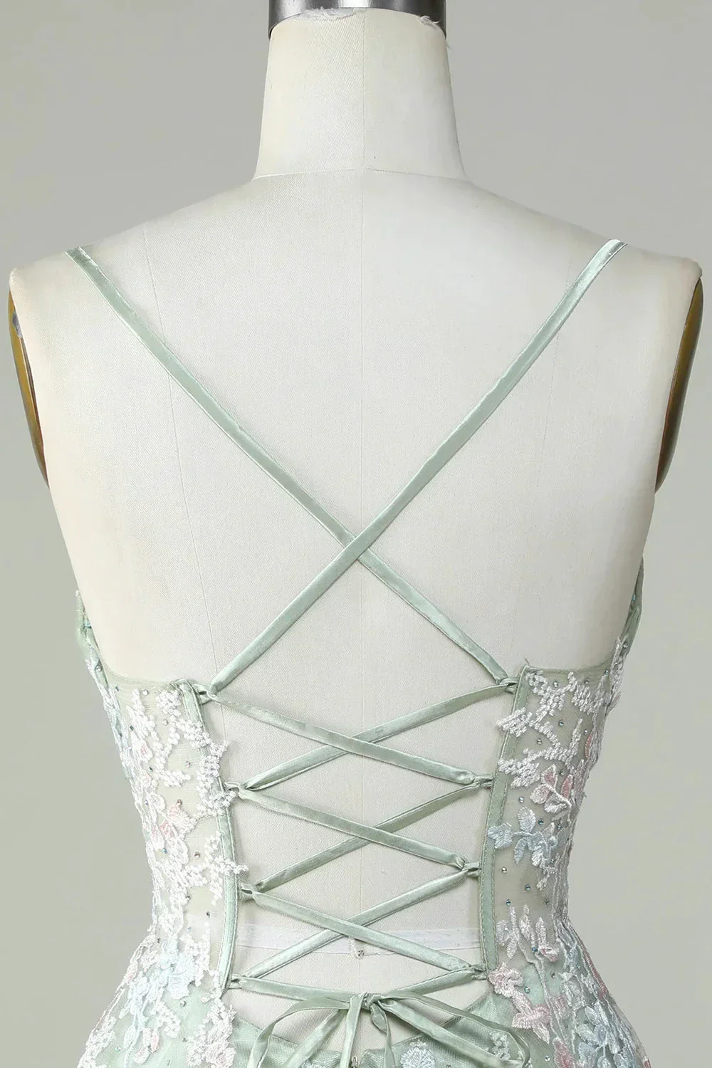 Dusty Sage Spaghetti Straps Homecoming Dress With Criss Cross Back Y2925 - Image 5