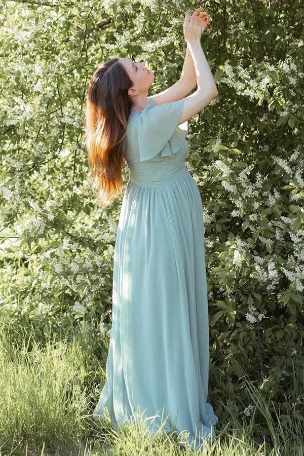 Dusty Sage V-Neck Maternity Bridesmaid Dress with Flared Sleeves BD129 - Image 4