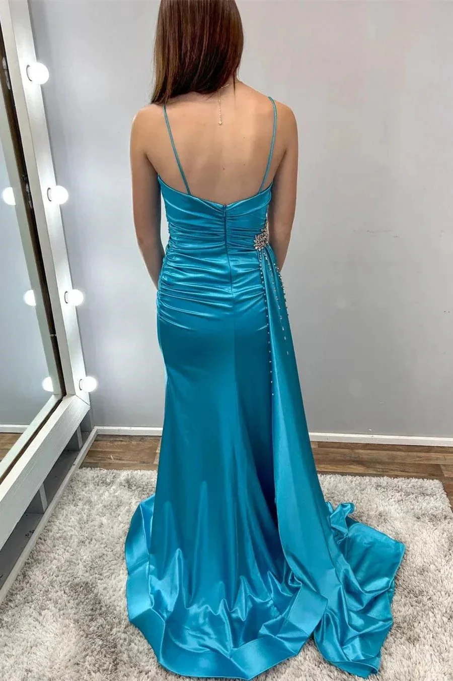 Earl | Teal Beaded Spaghetti Strap Long Gown with Attached Train - Image 2