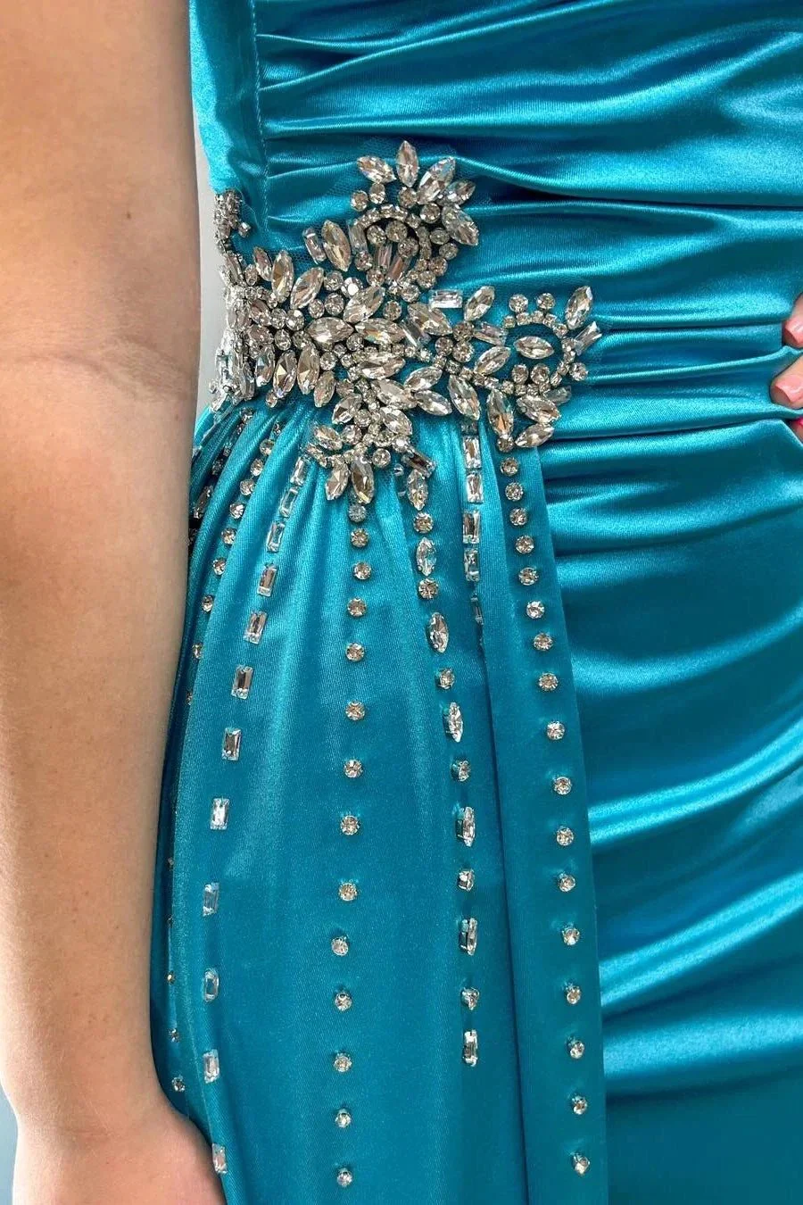 Earl | Teal Beaded Spaghetti Strap Long Gown with Attached Train - Image 4