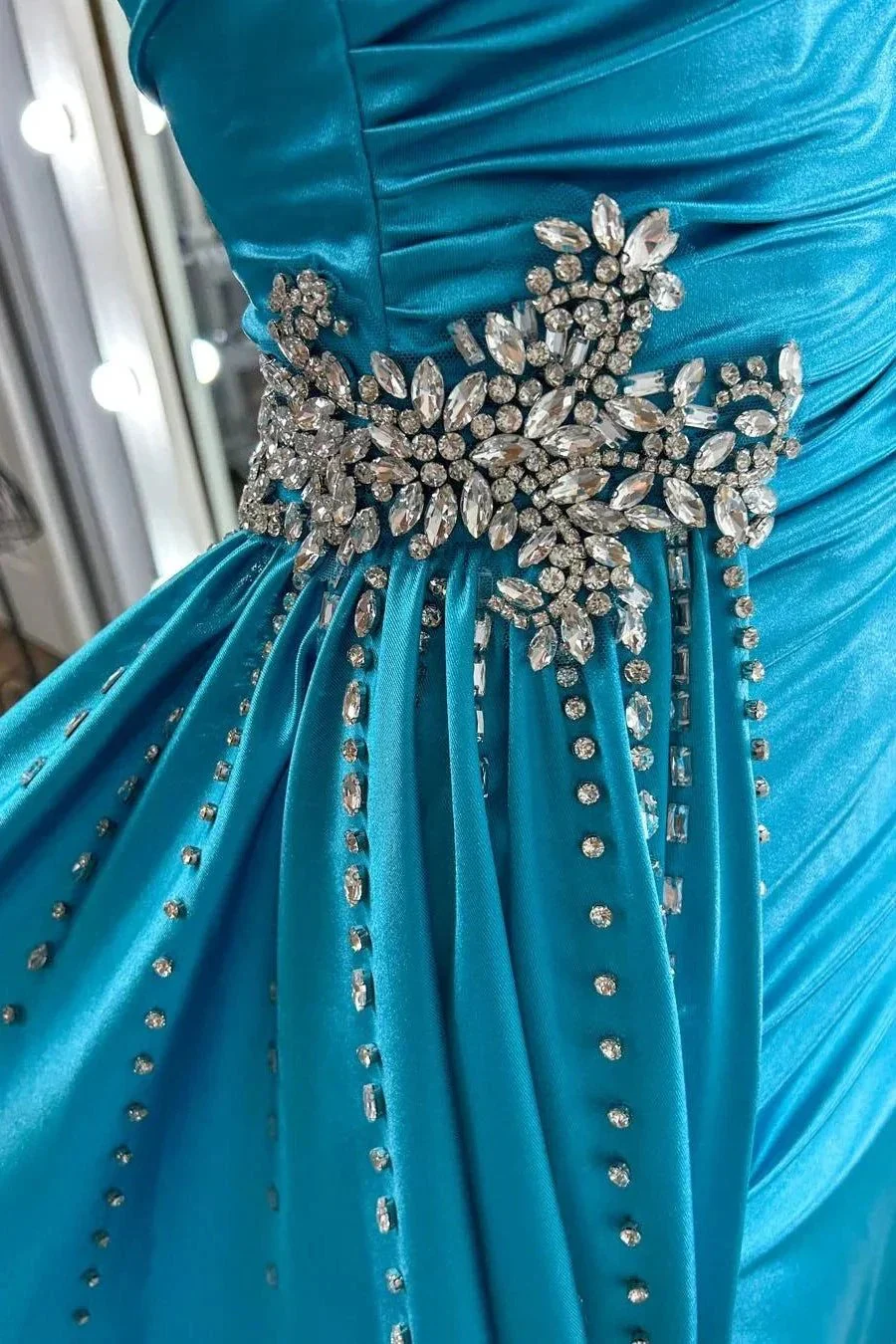 Earl | Teal Beaded Spaghetti Strap Long Gown with Attached Train - Image 5