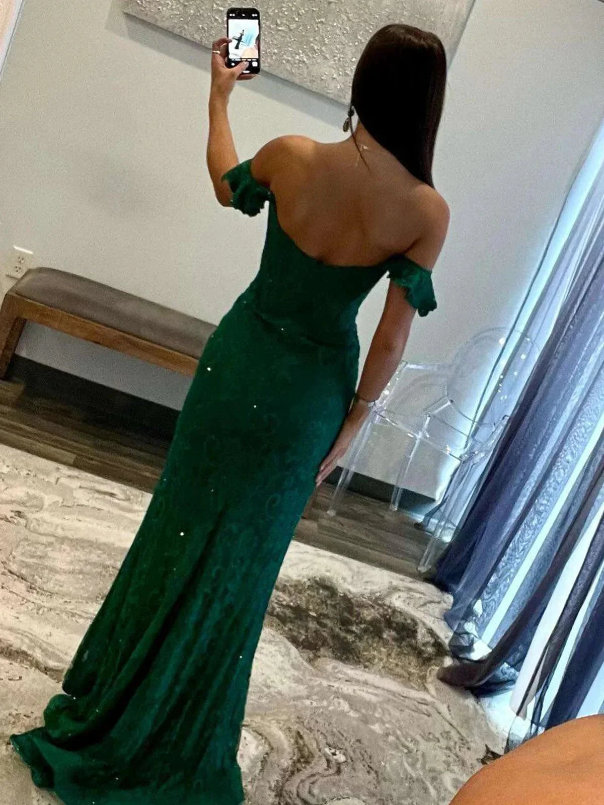 Ebony | Mermaid Emerald Off the Shoulder Lace Long Prom Dress - Image 2