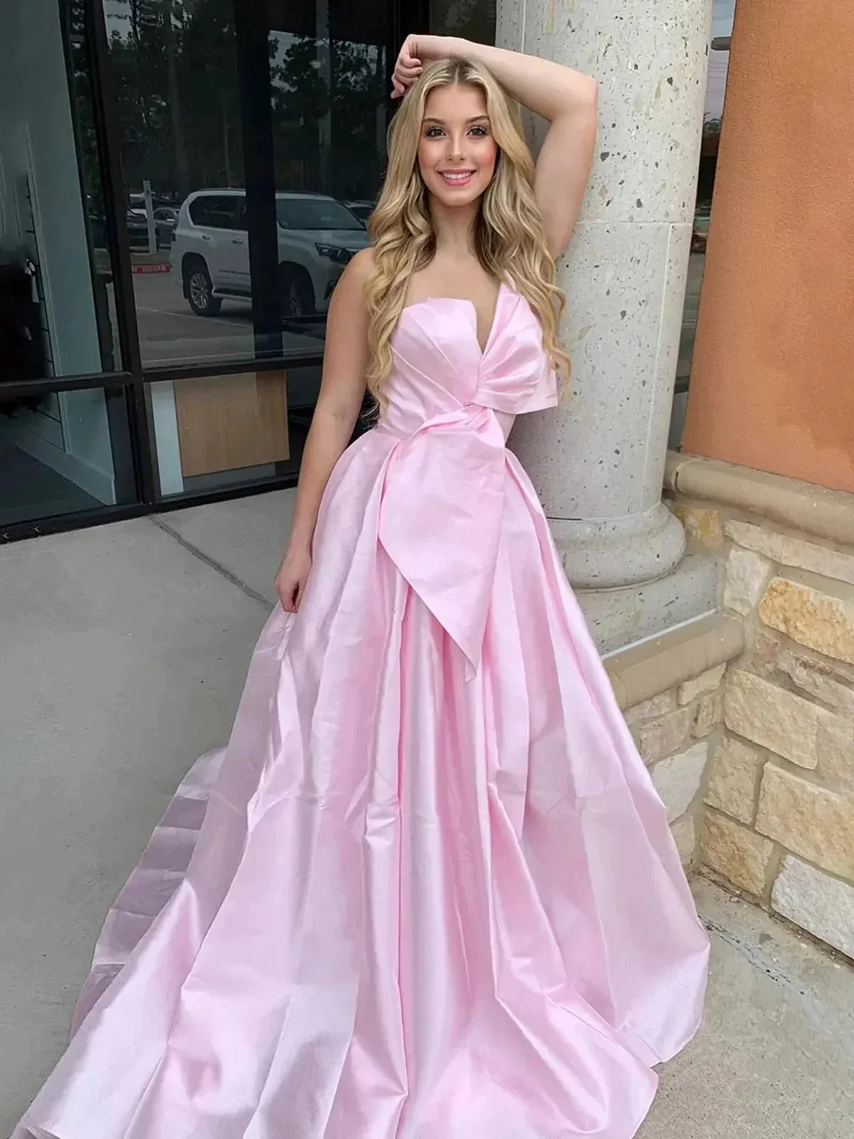 Edgar | Strapless White Satin A-line Long Formal Dress with Bow - Image 2