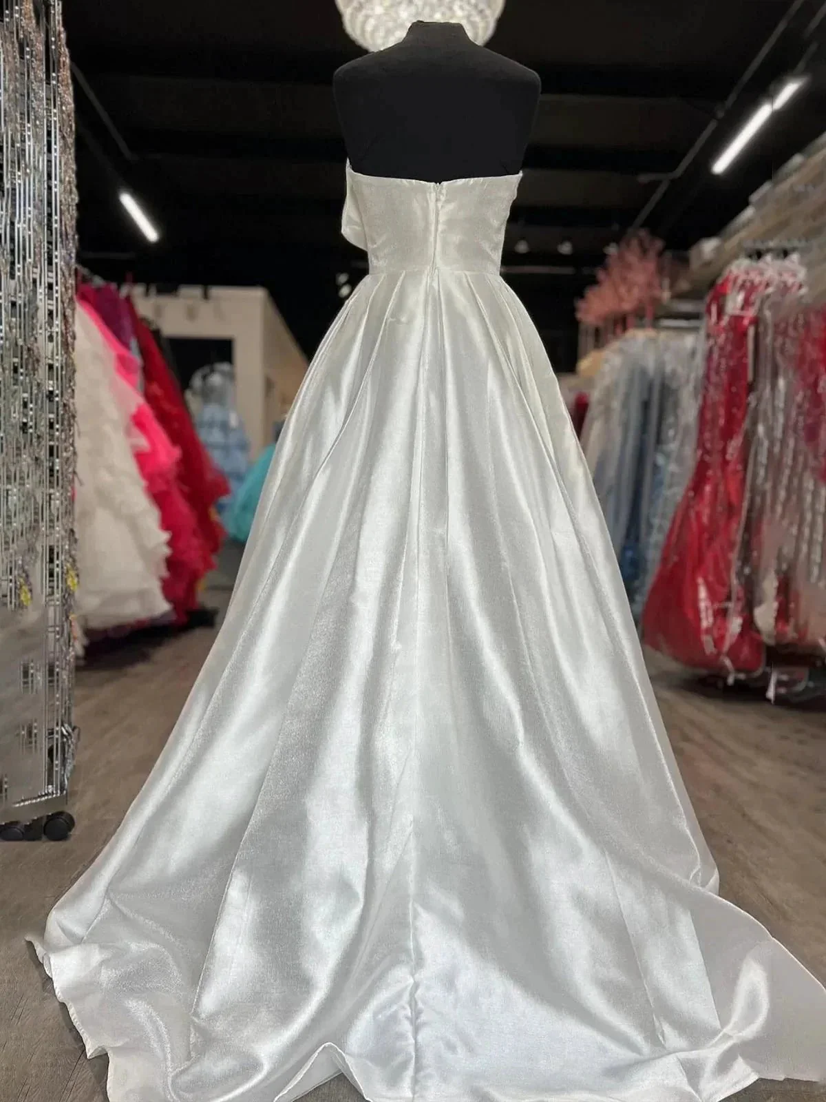 Edgar | Strapless White Satin A-line Long Formal Dress with Bow - Image 5
